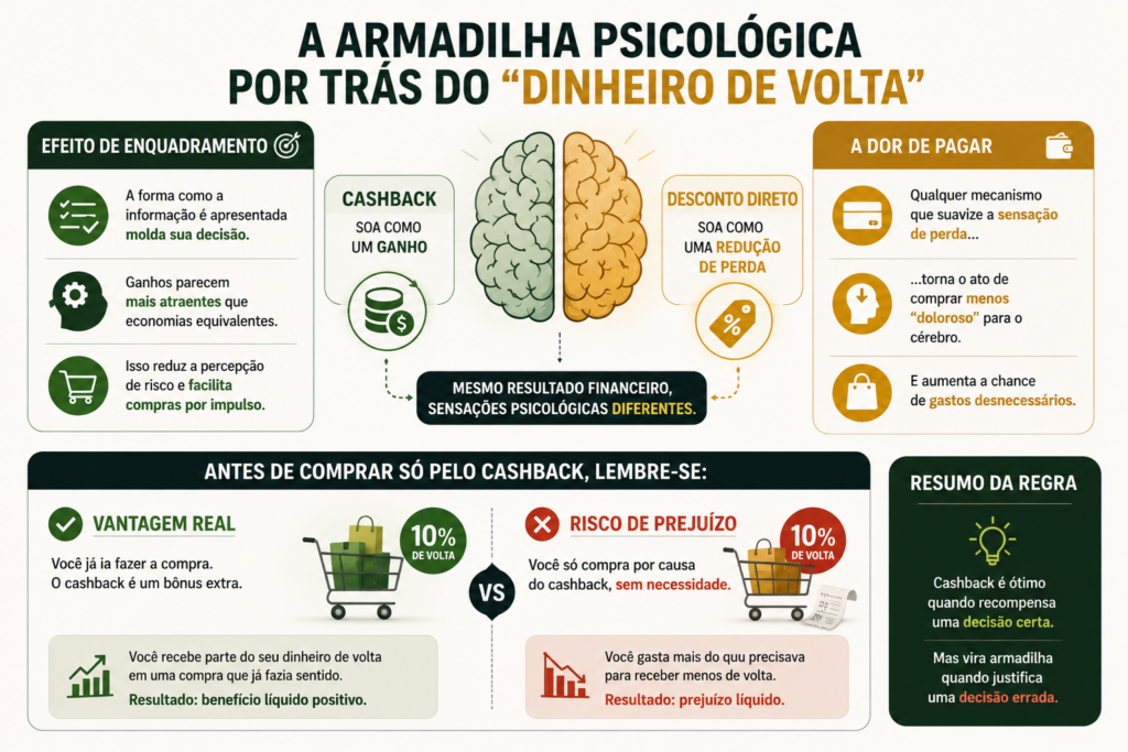 Gráfico ilustrando a armadilha psicológica por trás do cashback e a percepção de "dinheiro de volta"